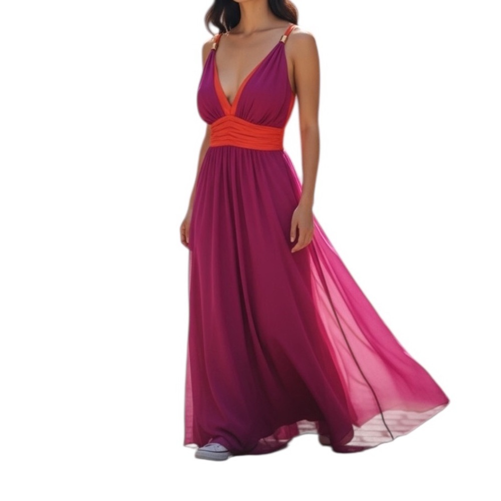 XOXO Magenta and Orange High-Low Maxi Dress with V-Neck
